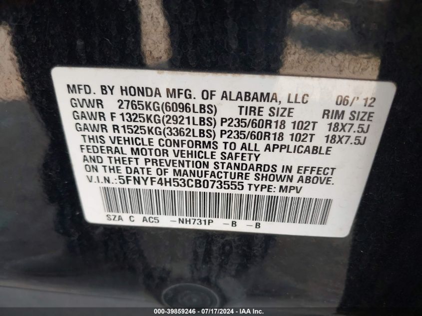 2012 Honda Pilot Ex-L VIN: 5FNYF4H53CB07355 Lot: 39859246