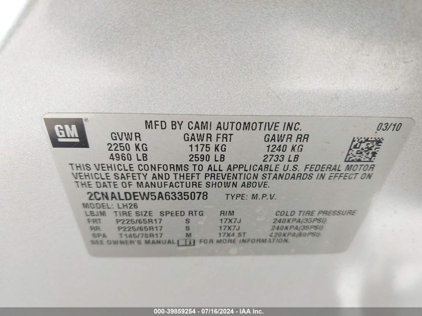 2010 Chevrolet Equinox Lt VIN: 2CNALDEW5A6335078 Lot: 39859254