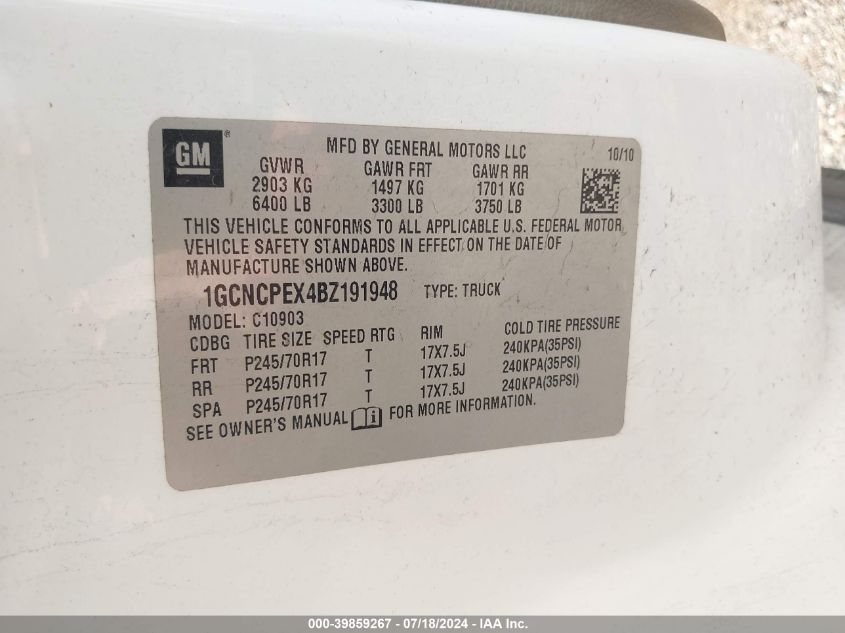 2011 Chevrolet Silverado 1500 Work Truck VIN: 1GCNCPEX4BZ191948 Lot: 39859267