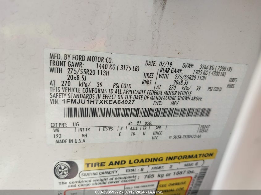 2019 Ford Expedition Xlt VIN: 1FMJU1HTXKEA6027 Lot: 39859272