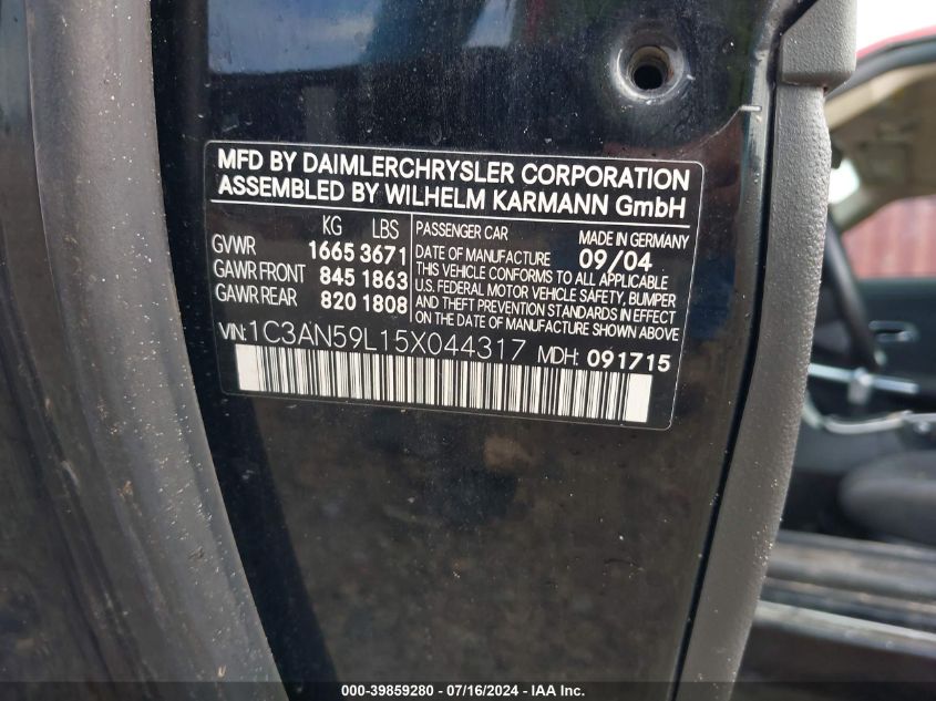 2005 Chrysler Crossfire VIN: 1C3AN59L15X044317 Lot: 39859280