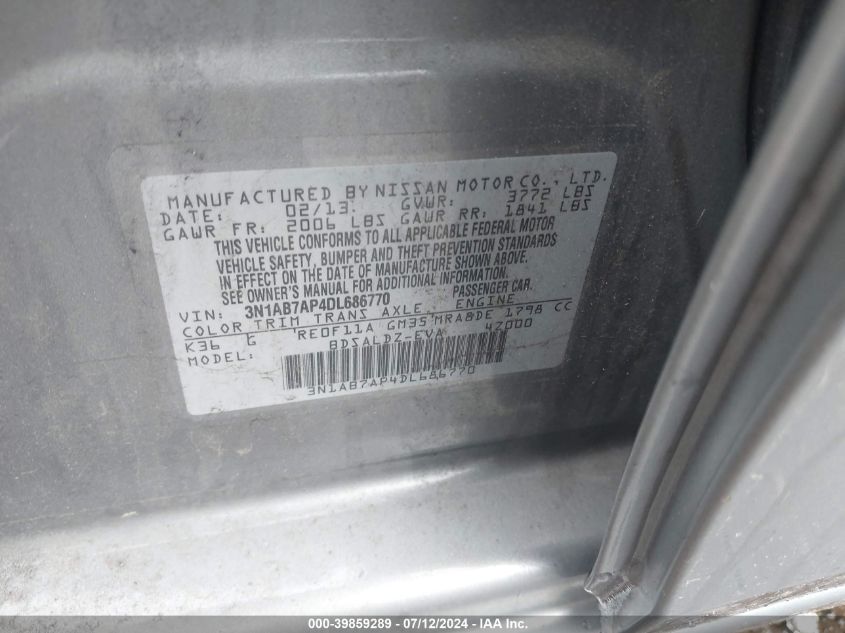 2013 Nissan Sentra Sv VIN: 3N1AB7AP4DL686770 Lot: 39859289