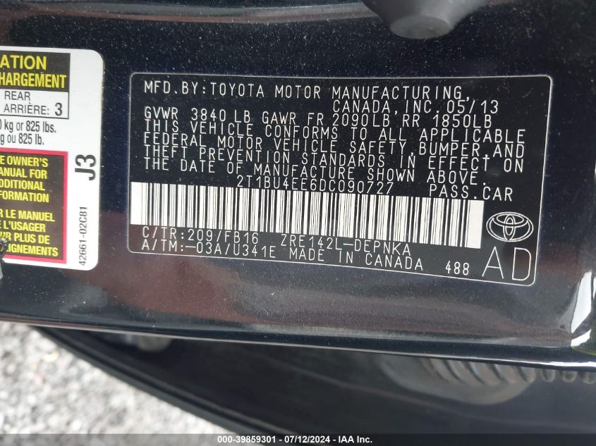 2013 TOYOTA COROLLA LE - 2T1BU4EE6DC090727