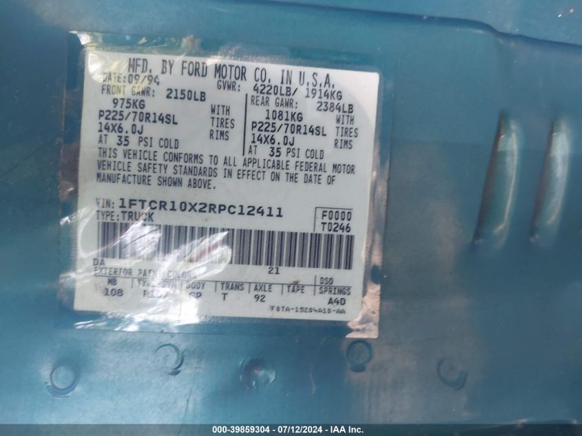 1994 Ford Ranger VIN: 1FTCR10X2RPC12411 Lot: 39859304