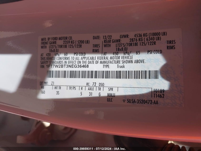 2022 Ford F-250 Xlt VIN: 1FT7W2BT3NEG36468 Lot: 39859311