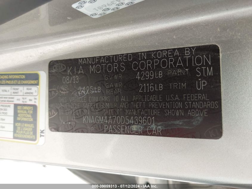 2013 Kia Optima Lx VIN: KNAGM4A70D5439601 Lot: 39859313