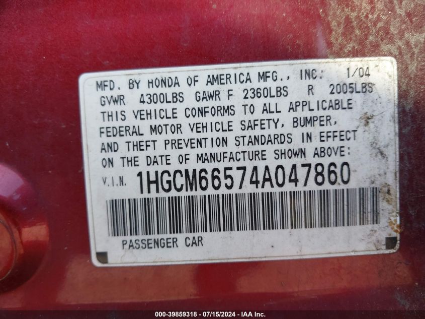 2004 Honda Accord 3.0 Ex VIN: 1HGCM66574A047860 Lot: 39859318