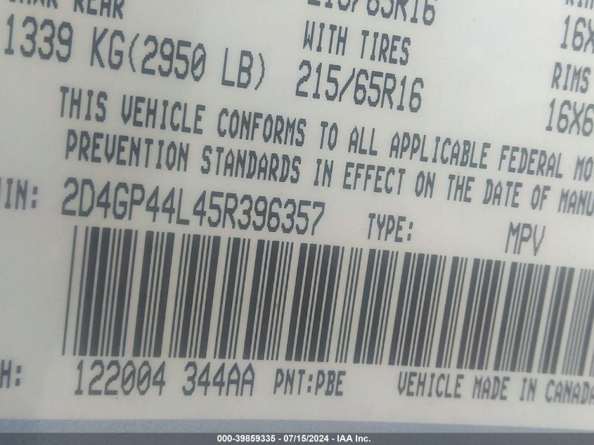 2005 Dodge Grand Caravan Sxt VIN: 2D4GP44L45R396357 Lot: 39859335