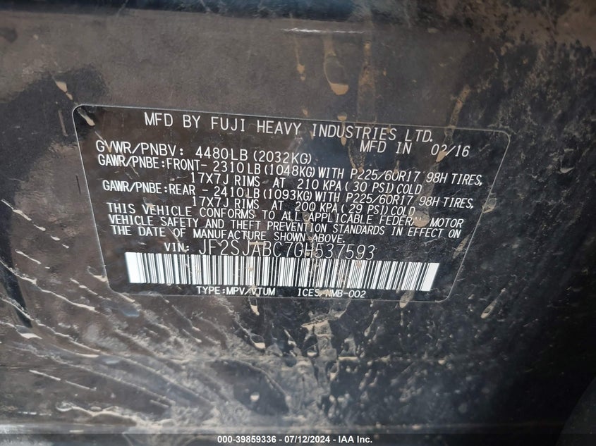 2016 Subaru Forester 2.5I VIN: JF2SJABC7GH537593 Lot: 39859336