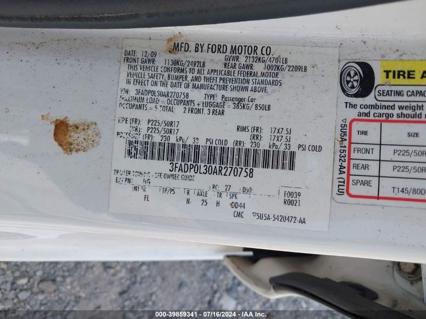 2010 Ford Fusion Hybrid VIN: 3FADP0L30AR270758 Lot: 39859341