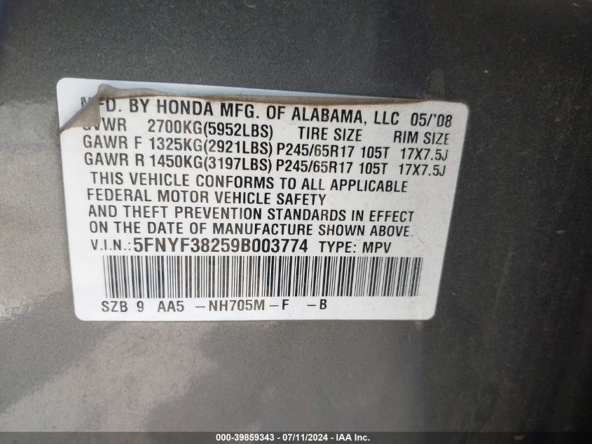 2009 Honda Pilot Lx VIN: 5FNYF38259B003774 Lot: 39859343