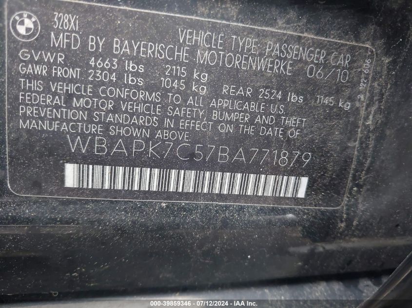 2011 BMW 328I xDrive VIN: WBAPK7C57BA771879 Lot: 39859346