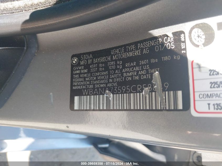 2005 BMW 530I VIN: WBANA73595CR58849 Lot: 39859358