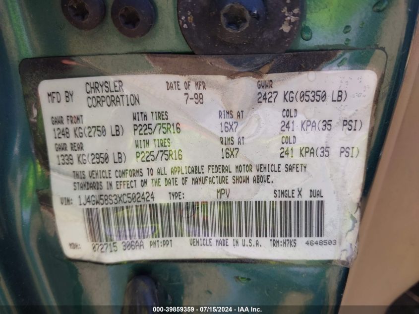 1999 Jeep Grand Cherokee Laredo VIN: 1J4GW58S3XC502424 Lot: 39859359