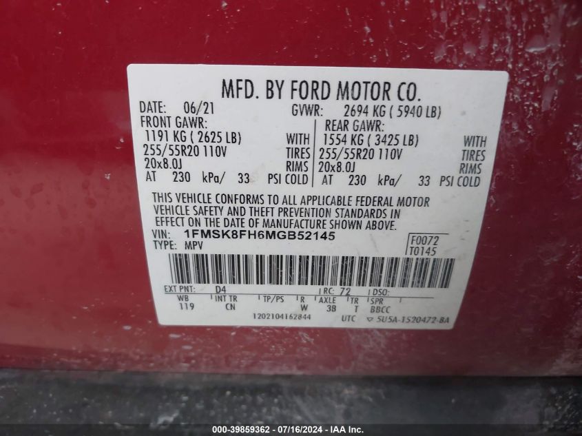 2021 Ford Explorer Limited VIN: 1FMSK8FH6MGB52145 Lot: 39859362