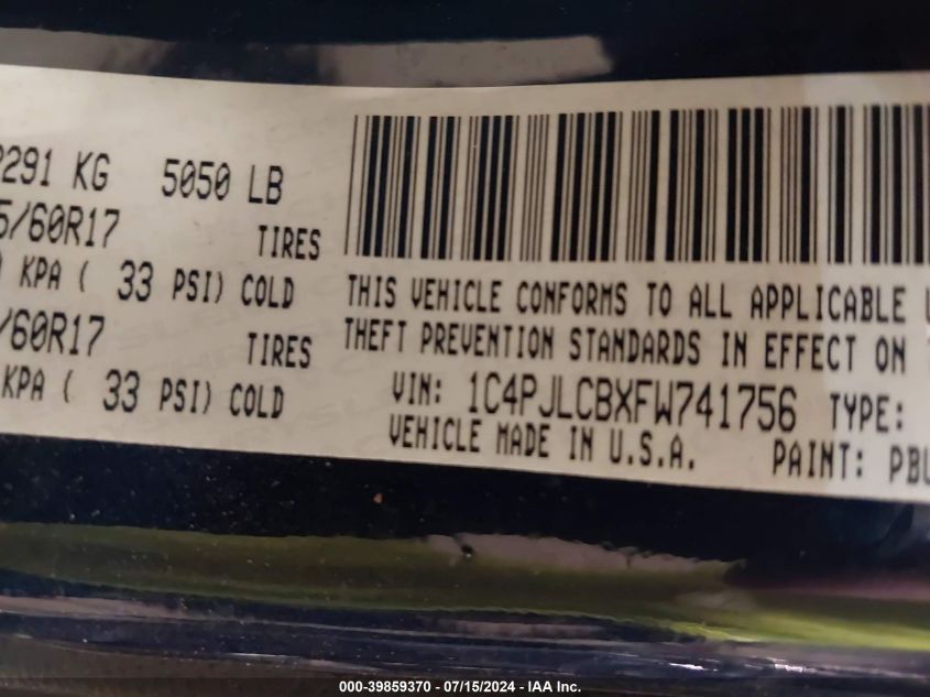 2015 Jeep Cherokee Latitude VIN: 1C4PJLCBXFW741756 Lot: 39859370