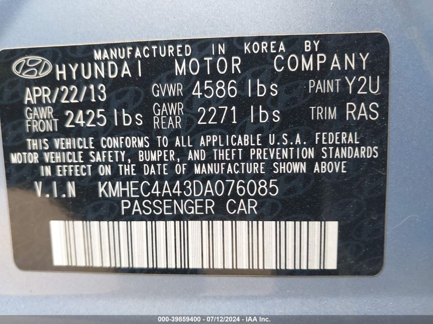 2013 Hyundai Sonata Hybrid Limited VIN: KMHEC4A43DA076085 Lot: 39859400