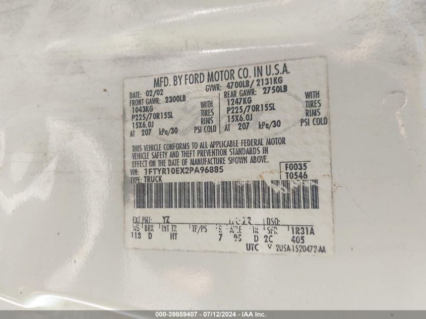 2002 Ford Ranger Unique Fleet VIN: 1FTYR10EX2PA96885 Lot: 39859407