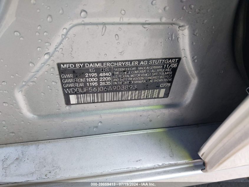 2006 Mercedes-Benz E 350 VIN: WDBUF56J06A903893 Lot: 39859413