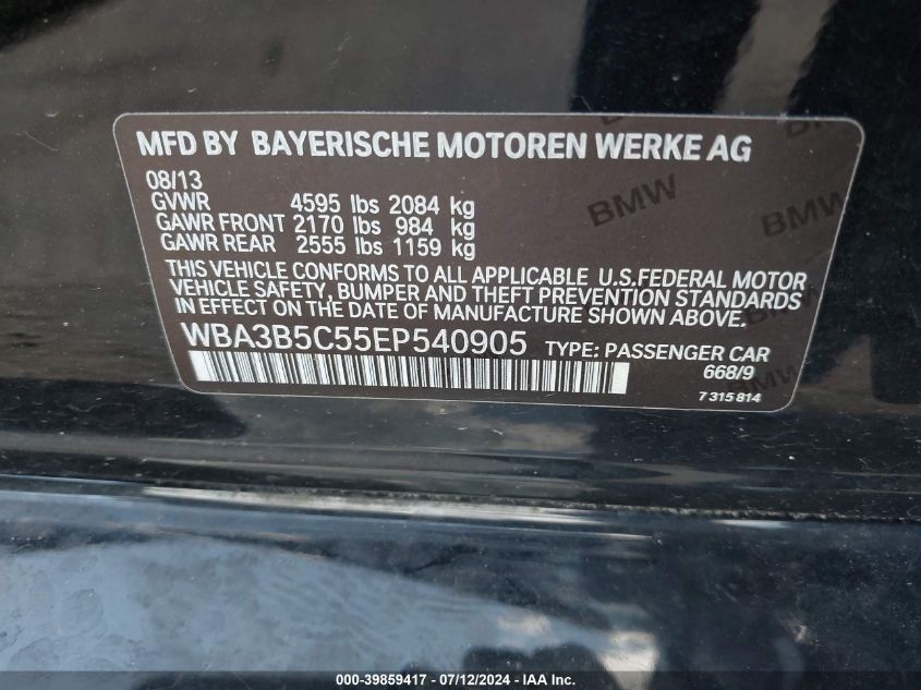 2014 BMW 328I xDrive VIN: WBA3B5C55EP540905 Lot: 39859417