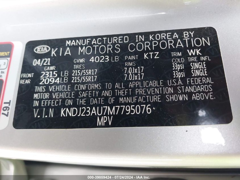 2021 Kia Soul S VIN: KNDJ23AU7M7795076 Lot: 39859424