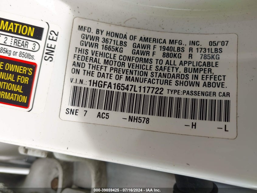 2007 Honda Civic Lx VIN: 1HGFA16547L117722 Lot: 39859425