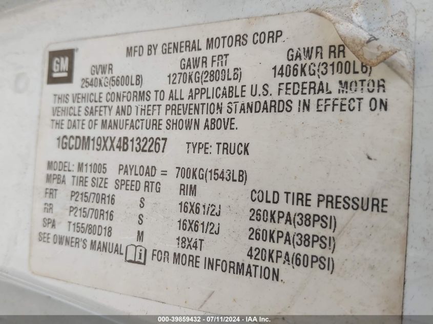 2004 Chevrolet Astro VIN: 1GCDM19XX4B132267 Lot: 39859432