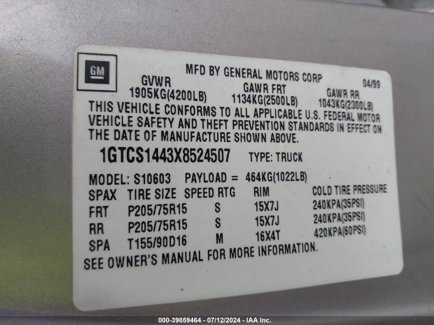 1999 GMC Sonoma Sl VIN: 1GTCS1443X8524507 Lot: 39859464