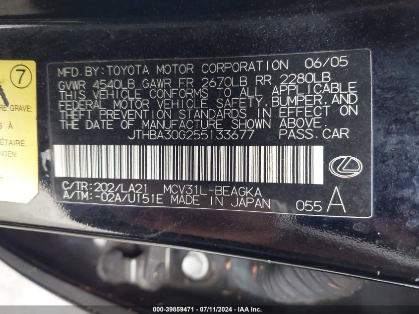 JTHBA30G255133677 | 2005 LEXUS ES 330