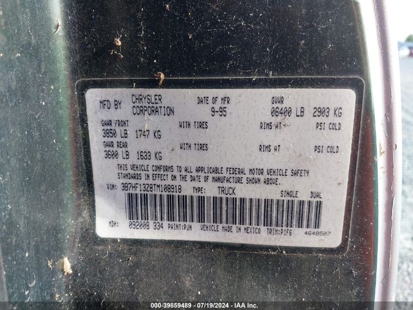 1996 Dodge Ram 1500 VIN: 3B7HF13Z8TM108918 Lot: 39859489