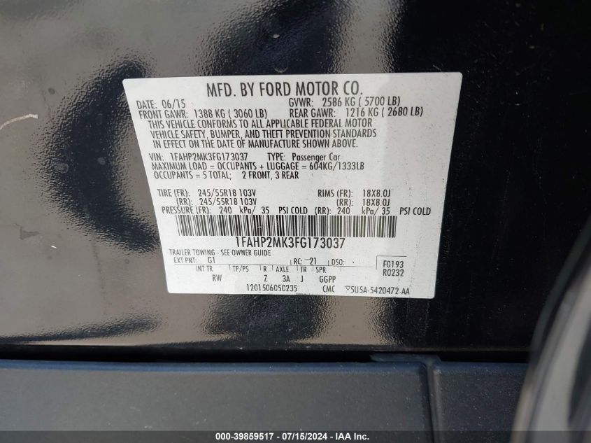 2015 Ford Police Interceptor VIN: 1FAHP2MK3FG173037 Lot: 39859517