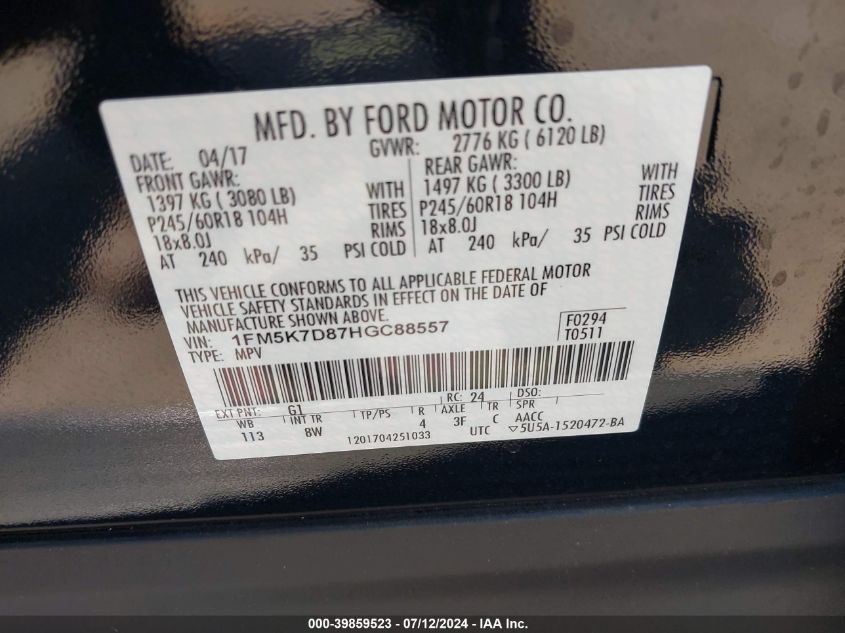 2017 Ford Explorer Xlt VIN: 1FM5K7D87HGC88557 Lot: 39859523