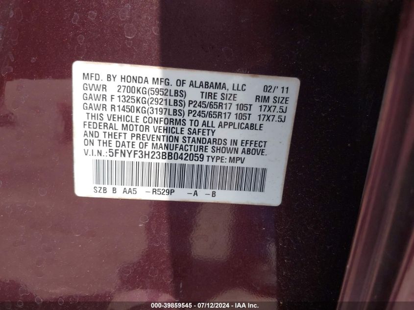 2011 Honda Pilot Lx VIN: 5FNYF3H23BB042059 Lot: 39859545