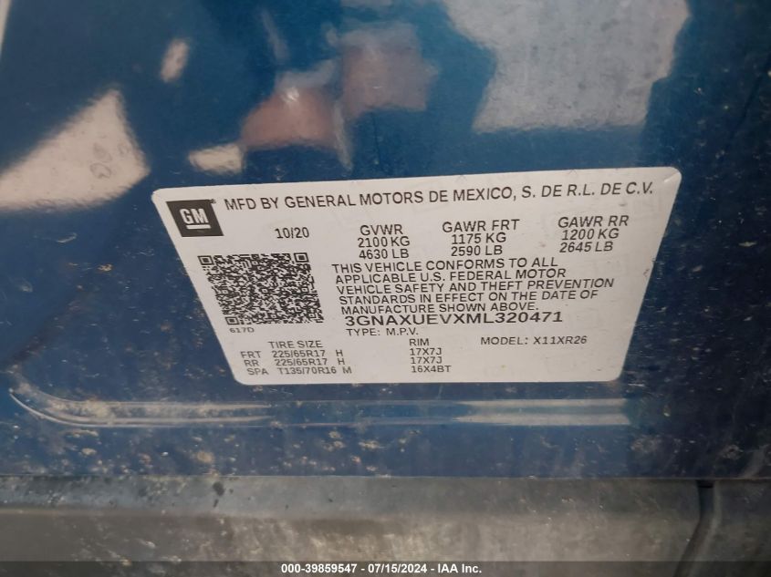 2021 CHEVROLET EQUINOX LT - 3GNAXUEVXML320471