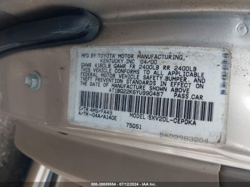 2000 Toyota Camry Ce VIN: 4T1BG22K6YU990487 Lot: 39859554