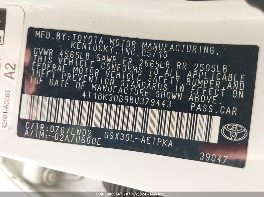 2011 Toyota Avalon Limited VIN: 4T1BK3DB9BU379443 Lot: 39859567