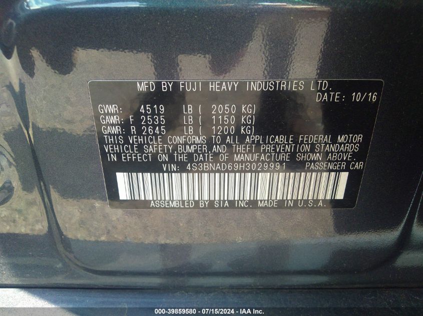 2017 Subaru Legacy 2.5I Premium VIN: 4S3BNAD69H3029991 Lot: 39859580