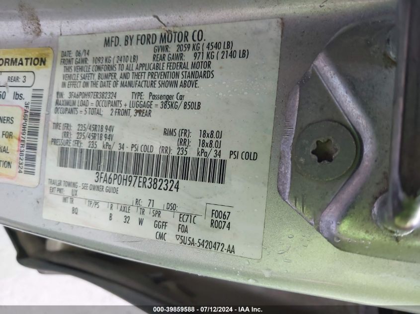 2014 Ford Fusion Se VIN: 3FA6P0H97ER382324 Lot: 39859588