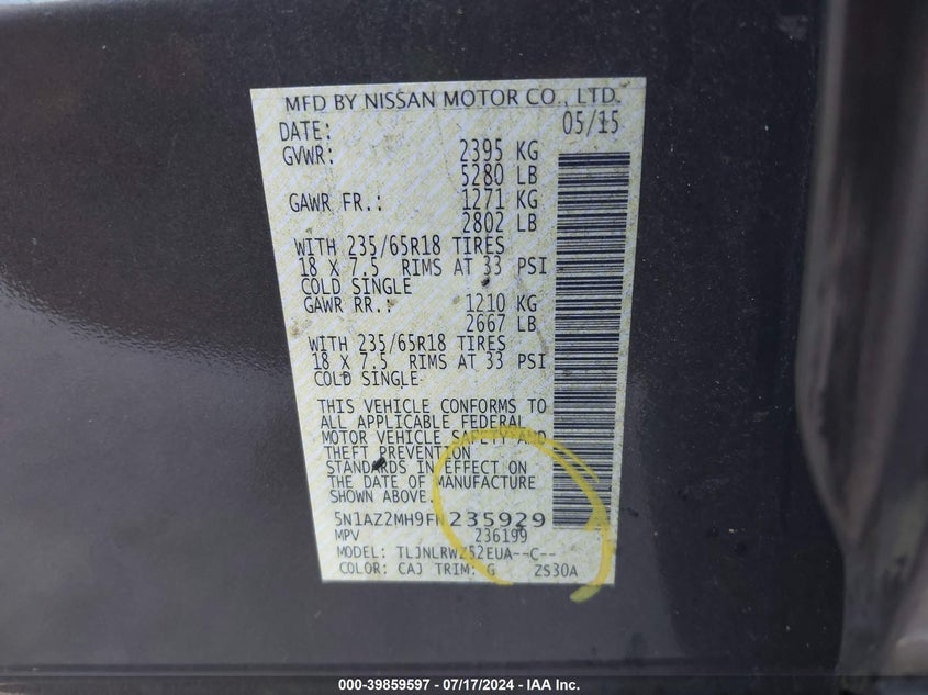 2015 Nissan Murano Sl VIN: 5N1AZ2MH9FN235929 Lot: 39859597