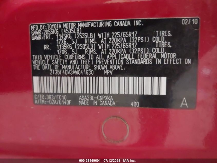 2010 Toyota Rav4 VIN: 2T3BF4DV3AW041630 Lot: 39859601