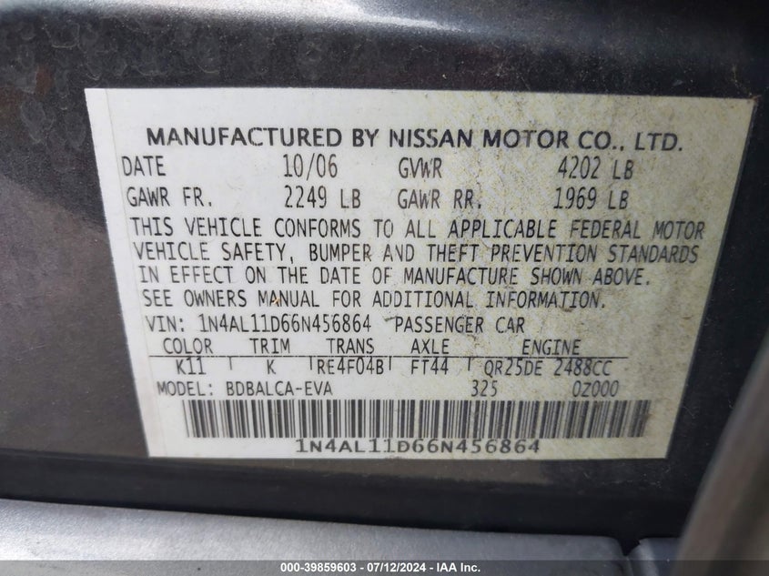 1N4AL11D66N456864 2006 Nissan Altima 2.5 S