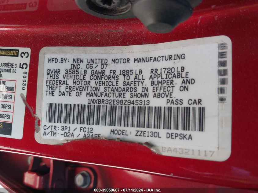 2008 Toyota Corolla S VIN: 1NXBR32E98Z945313 Lot: 39859607