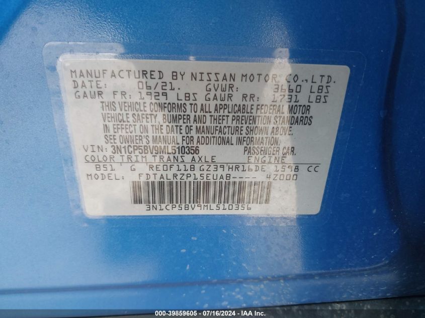 2021 Nissan Kicks S Xtronic Cvt VIN: 3N1CP5BV9ML510356 Lot: 39859605