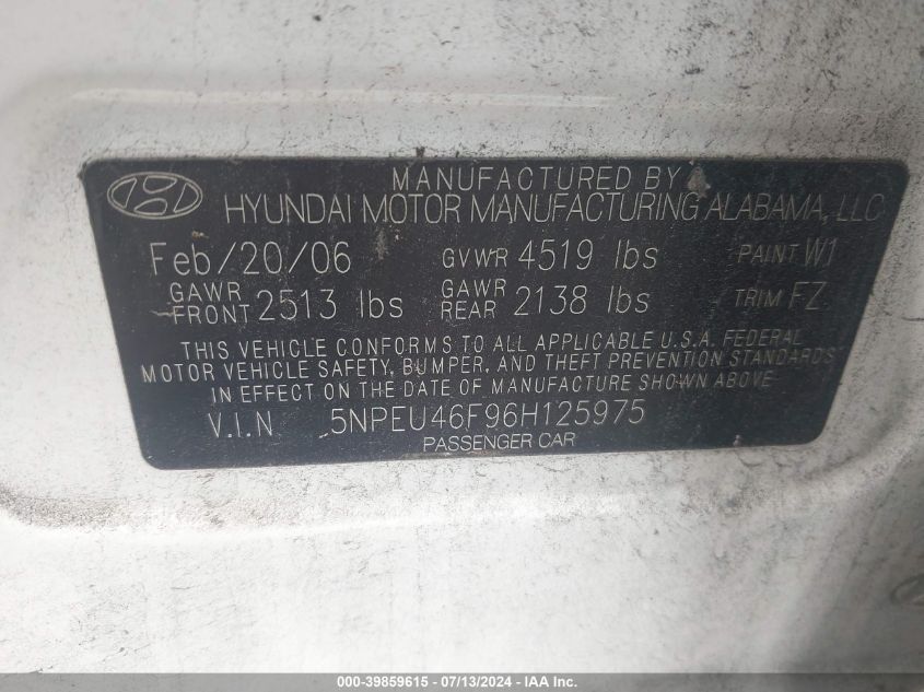 5NPEU46F96H125975 2006 Hyundai Sonata Gls V6/Lx V6