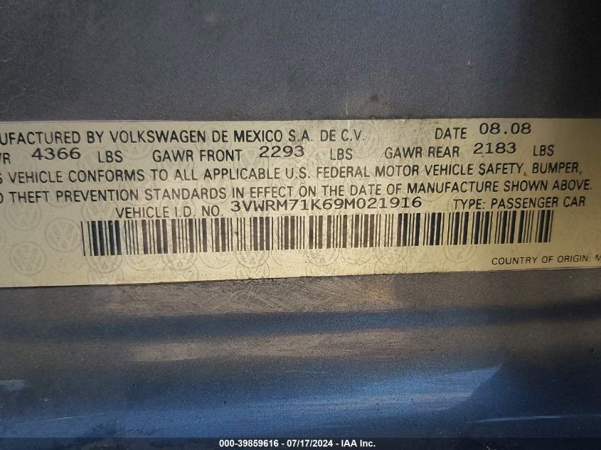 2009 Volkswagen Jetta Se/Sel VIN: 3VWRM71K69M021916 Lot: 39859616