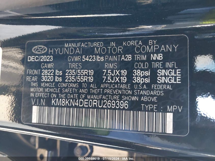 2024 Hyundai Ioniq 5 Sel VIN: KM8KN4DE0RU269396 Lot: 39859619