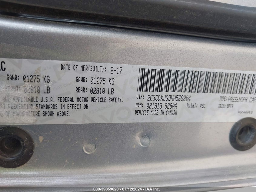 VIN 2C3CDXJG9HH569804 2017 DODGE CHARGER SXT AWD