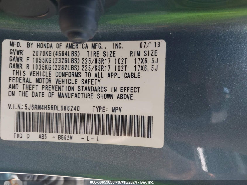 2013 Honda Cr-V Ex VIN: 5J6RM4H56DL086240 Lot: 39859650