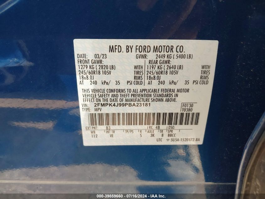 2023 Ford Edge Sel VIN: 2FMPK4J99PBA23181 Lot: 39859660