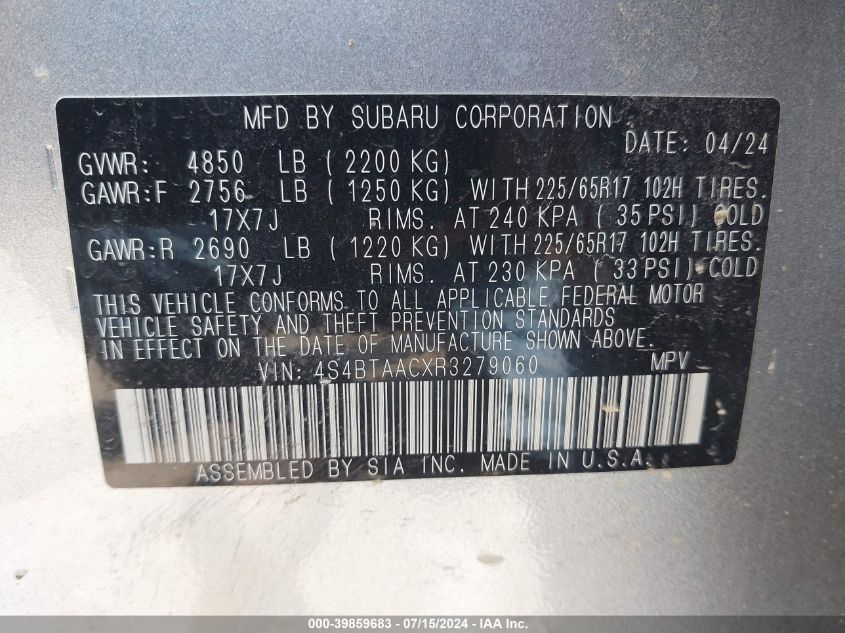 4S4BTAACXR3279060 2024 Subaru Outback